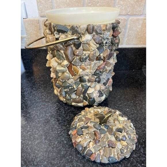 Vtg Ice Bucket Handmade Hand Placed Rocks Stones Pebbles Ice Bucket With Gold - Picture 6 of 10